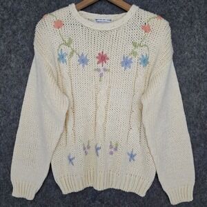 Vintage J.J. Fargo Sweater Womens M White Ramie Floral Embroidered Knit Pullover